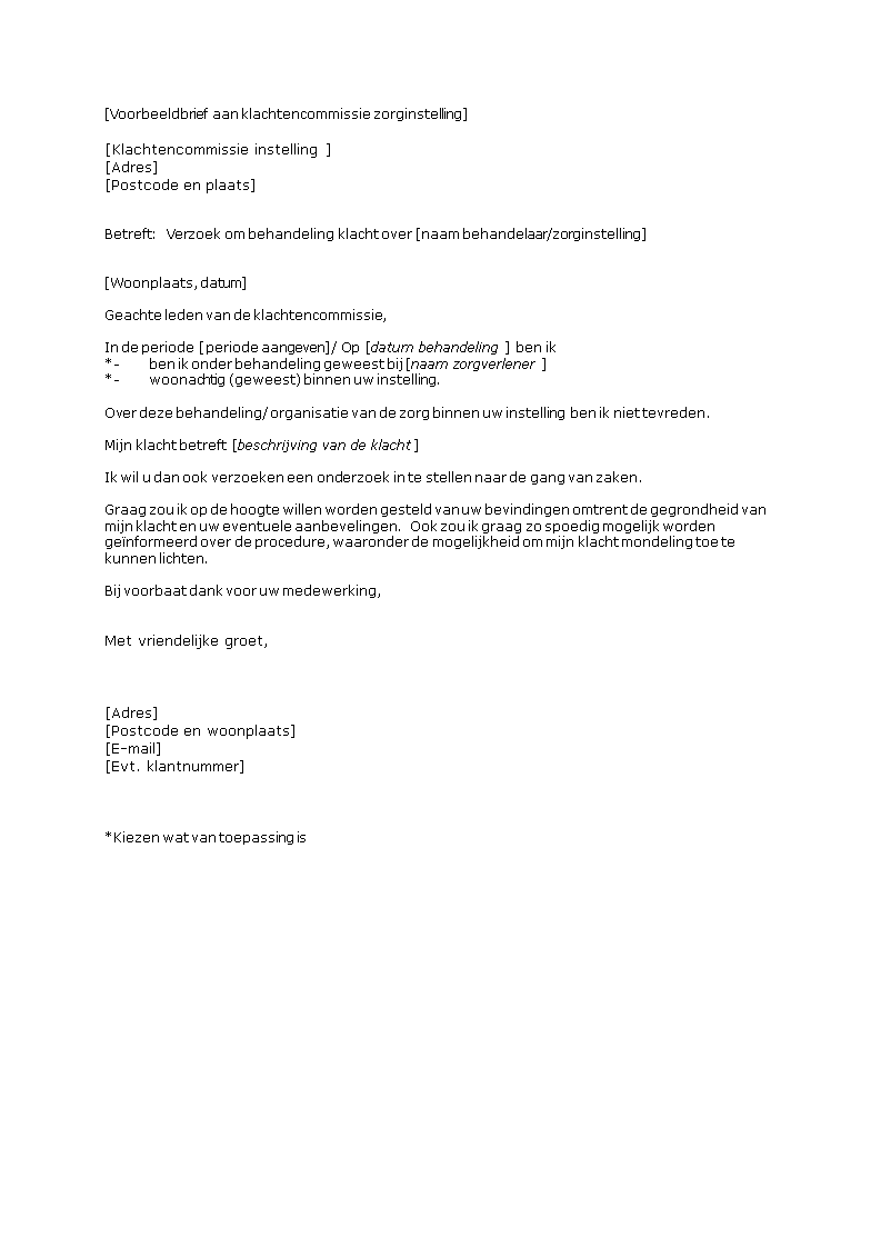 brief aan klachtencommissie zorginstelling template