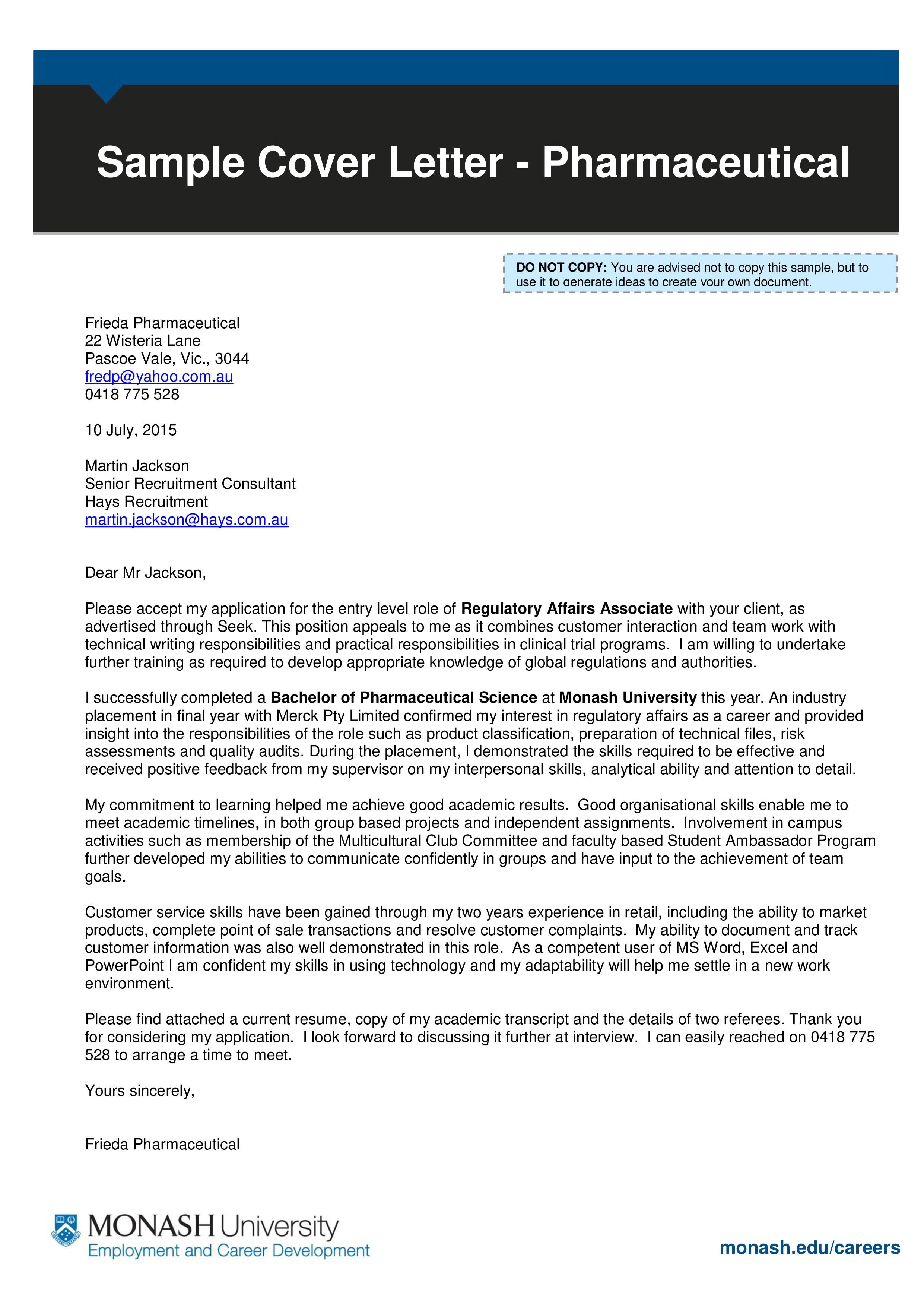 example of a cover letter for bachelor of pharmaceutical science modèles