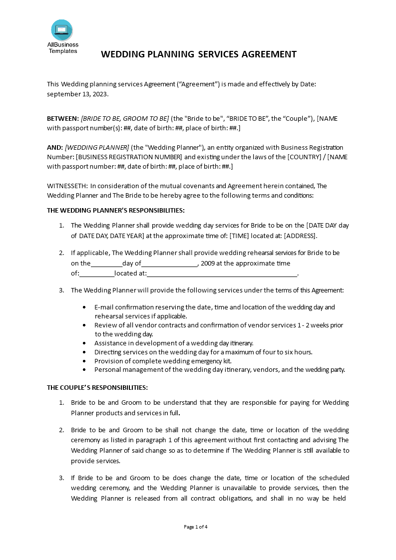 Contract Wedding Planning Services Templates At
