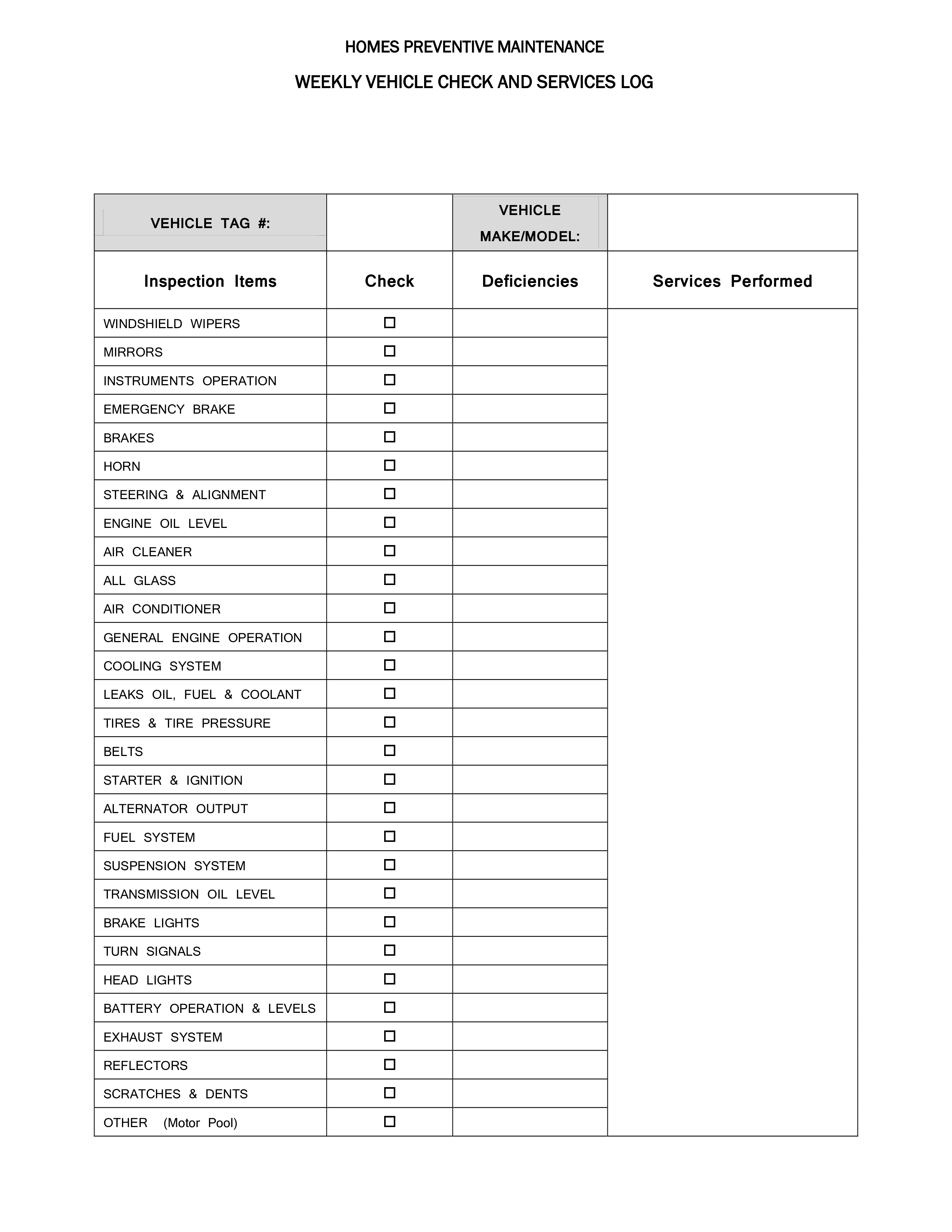 Libreng Weekly Vehicle Inspection Checklist Libreng Weekly Vehicle Inspection Checklist