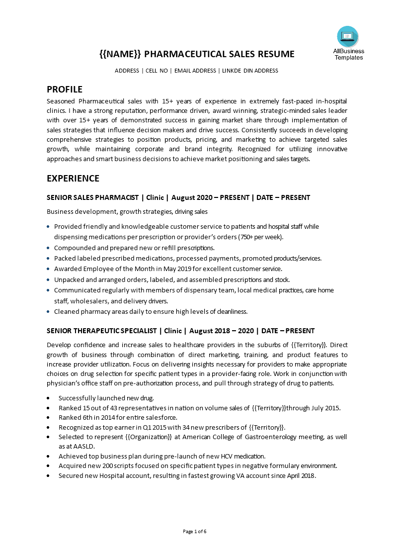 Pharmaceutical Sales Manager Resume 模板