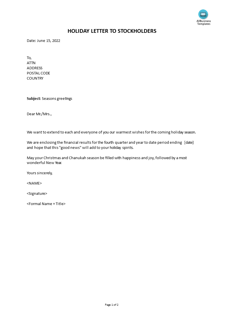 holiday letter shareholders template