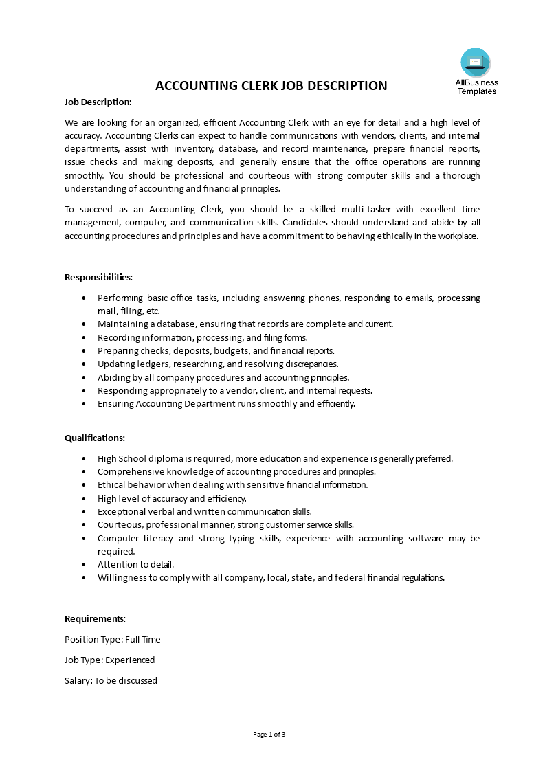 accounting clerk job description template