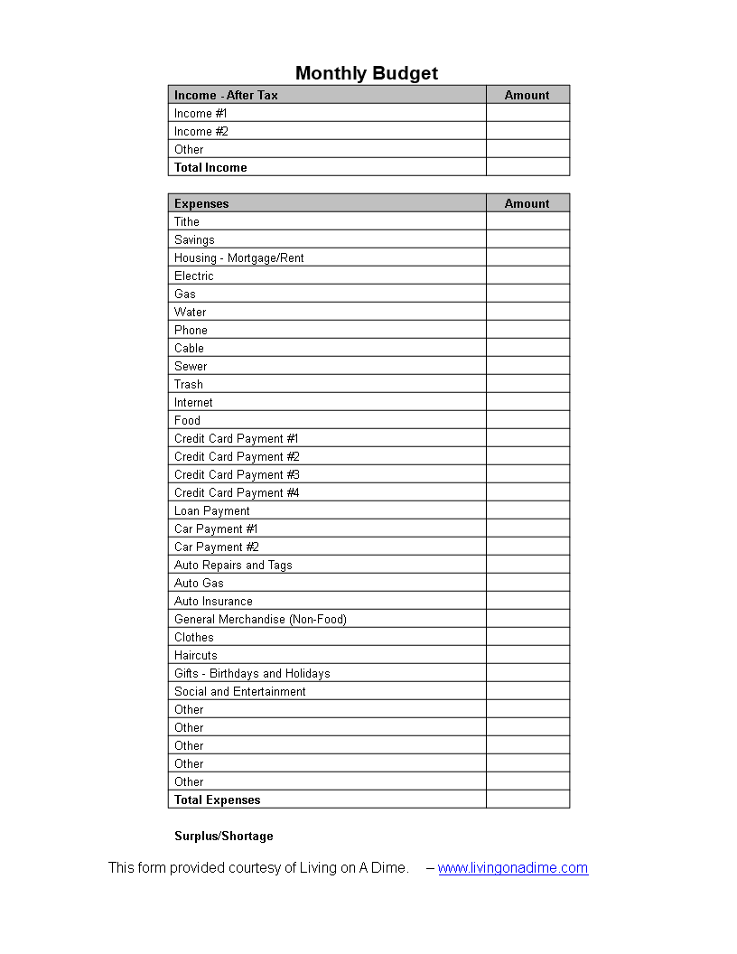 Monthly Budget Word Templates at