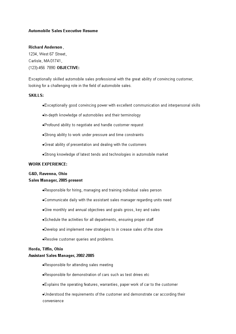 automobile sales executive resume template