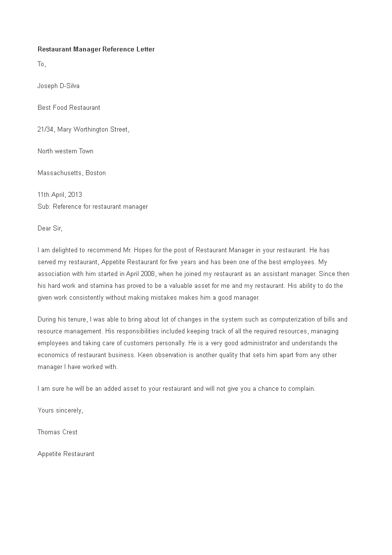 Restaurant Manager Reference Letter template  Templates at Pertaining To Template For Referral Letter