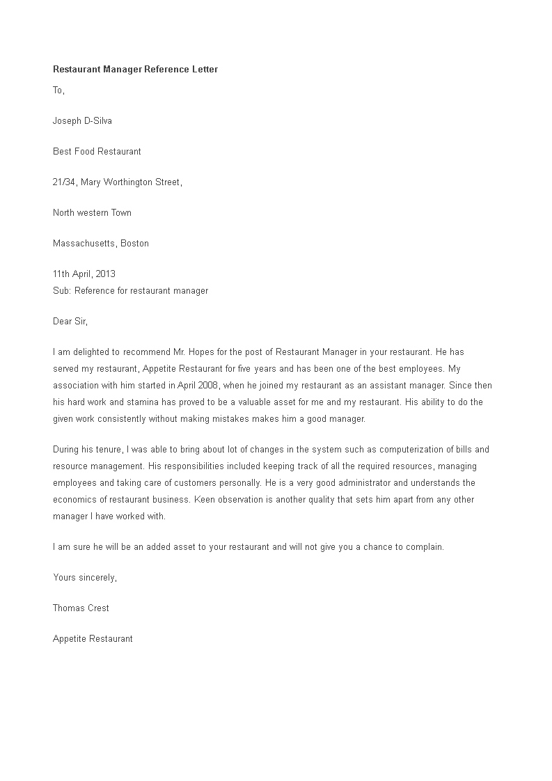 Restaurant Manager Reference Letter template  Templates at