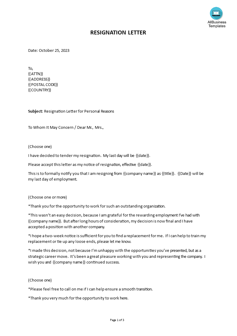 Personal Reasons Resignation Letter Templates At Allbusinesstemplates Com