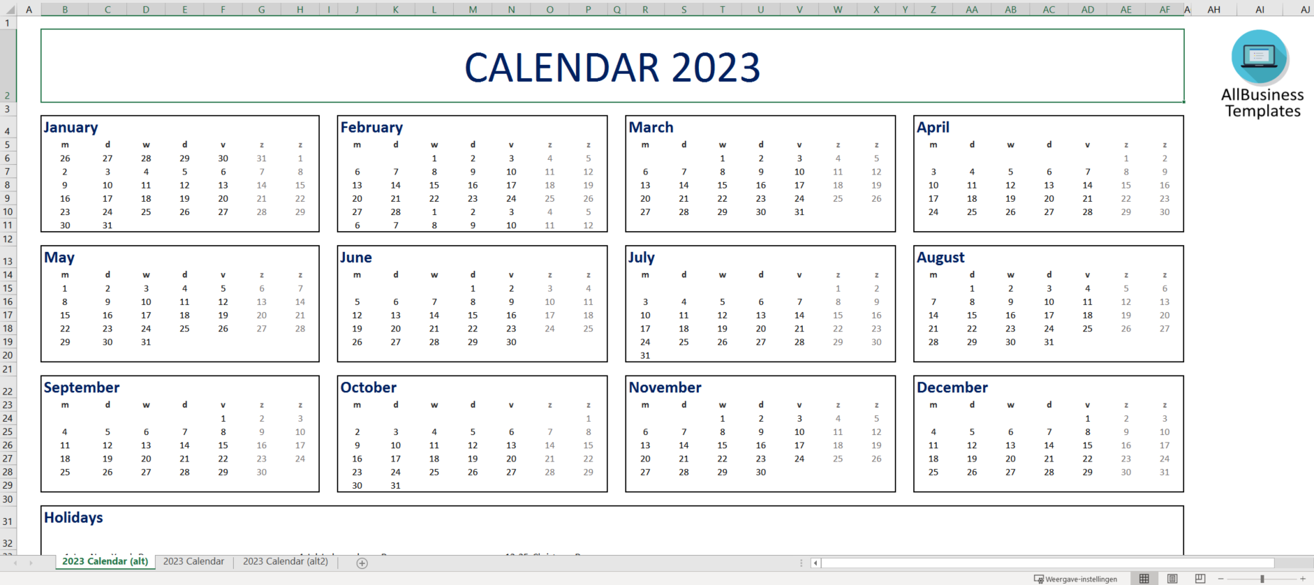 Calendar 2023 Excel 模板
