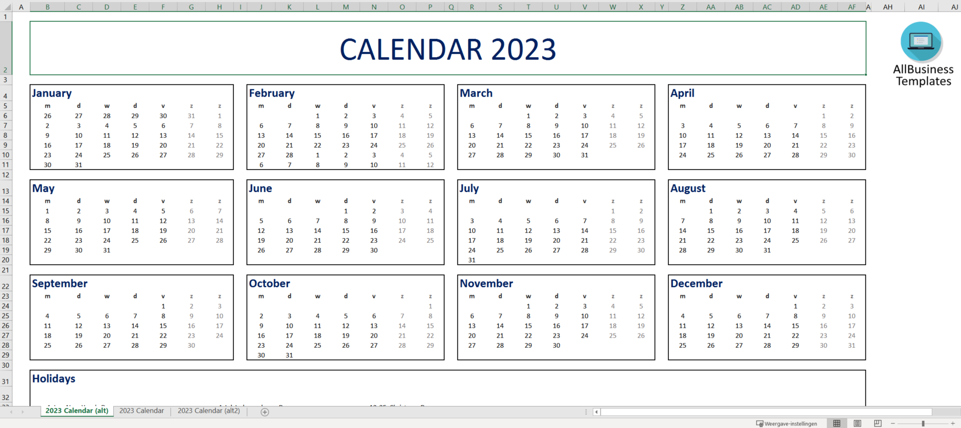 Calendar 2023 Excel Templates at allbusinesstemplates com