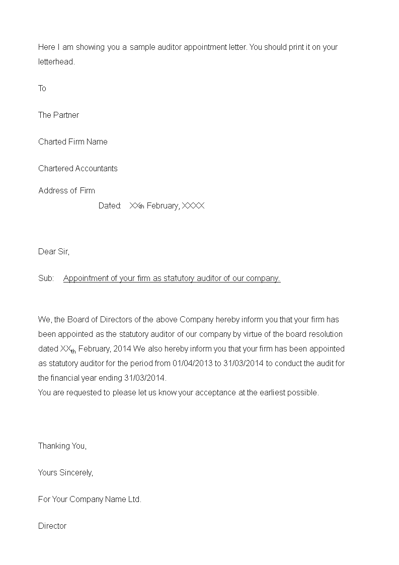 auditor appointment acceptance letter template