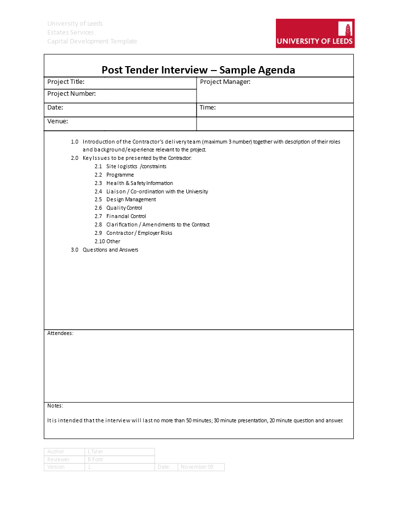 university post tender interview agenda template