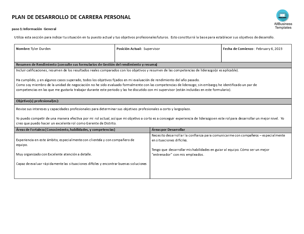 plan personal de desarrollo de carrera template