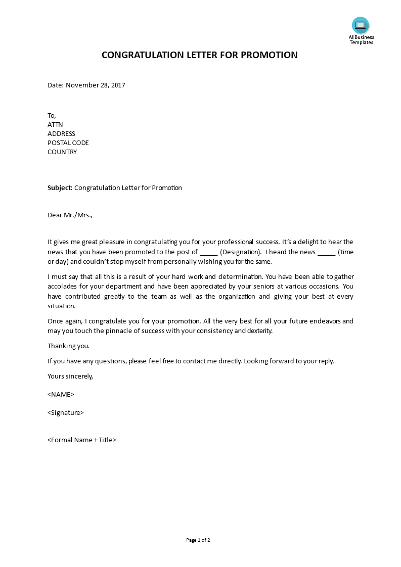 congratulation promotion letter template