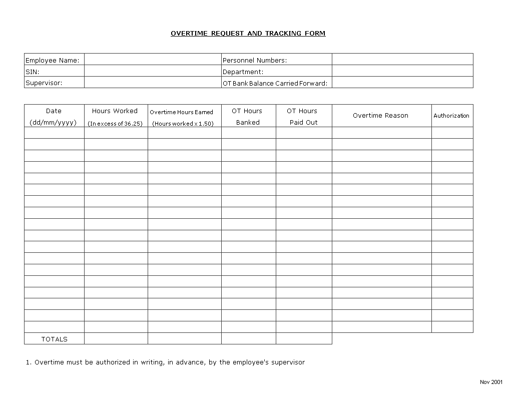 Overtime Request Tracking Form Templates at