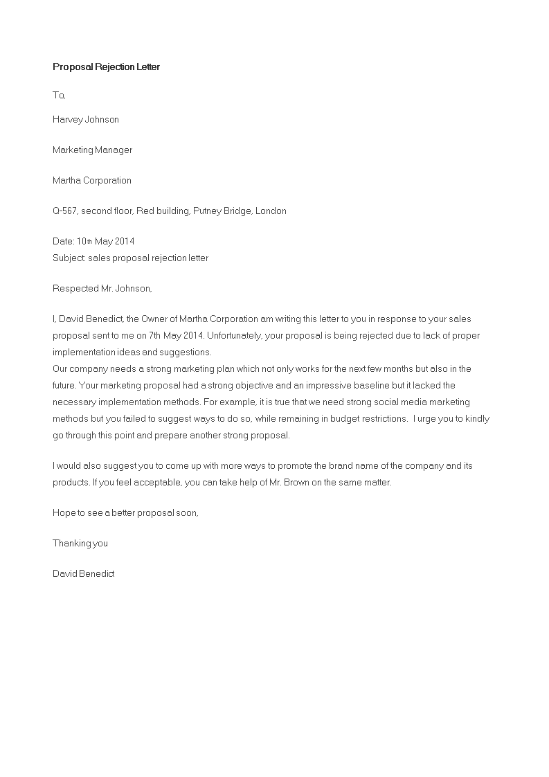 formal proposal rejection letter template