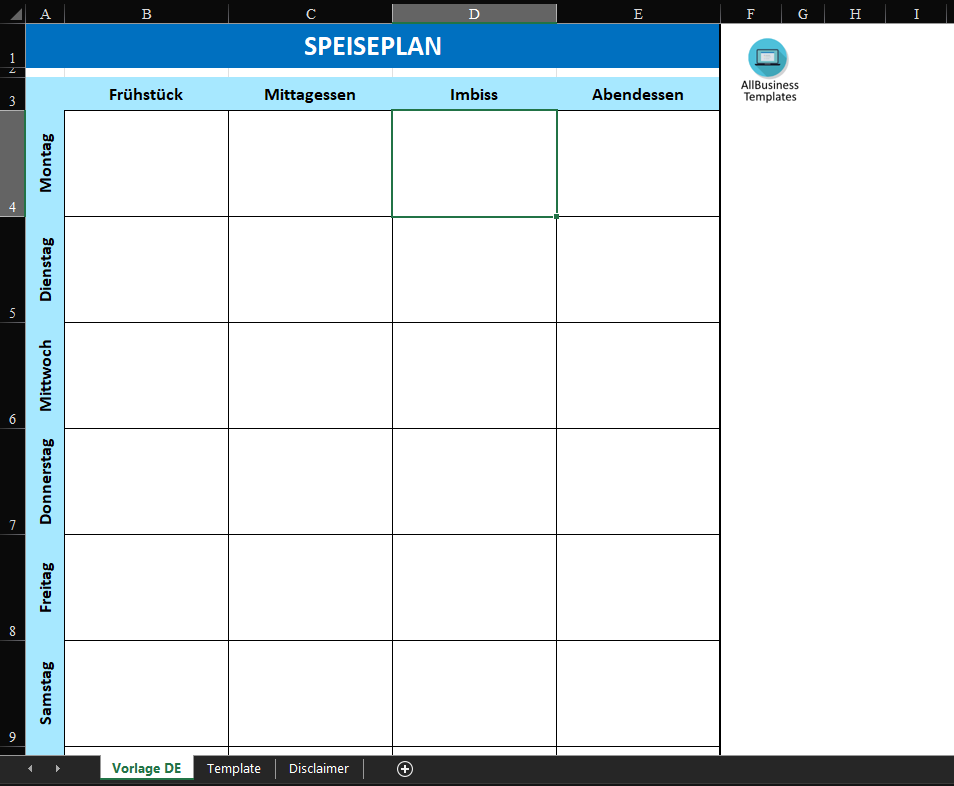 leerer wöchentlicher essensplaner template