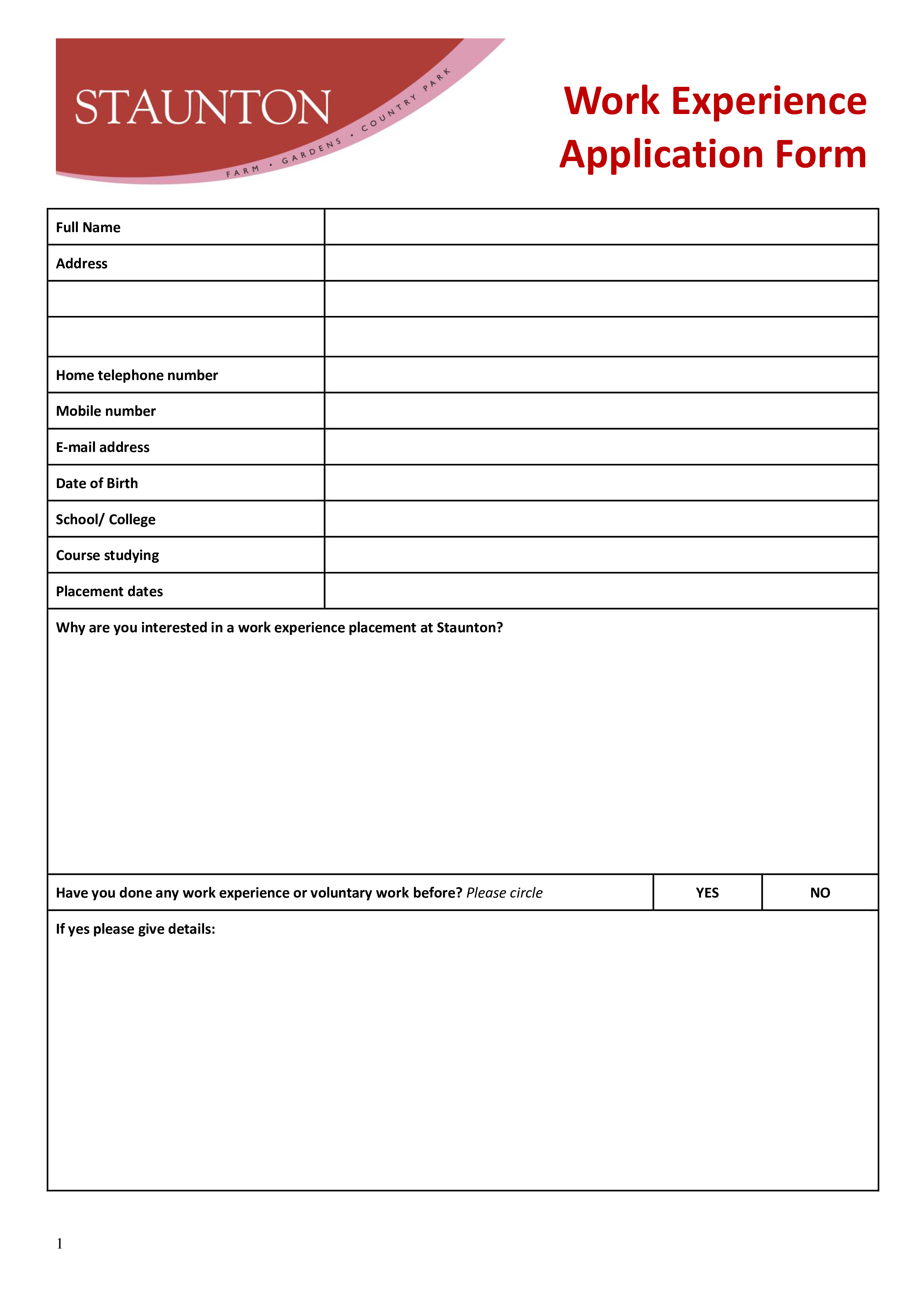 work experience application form template