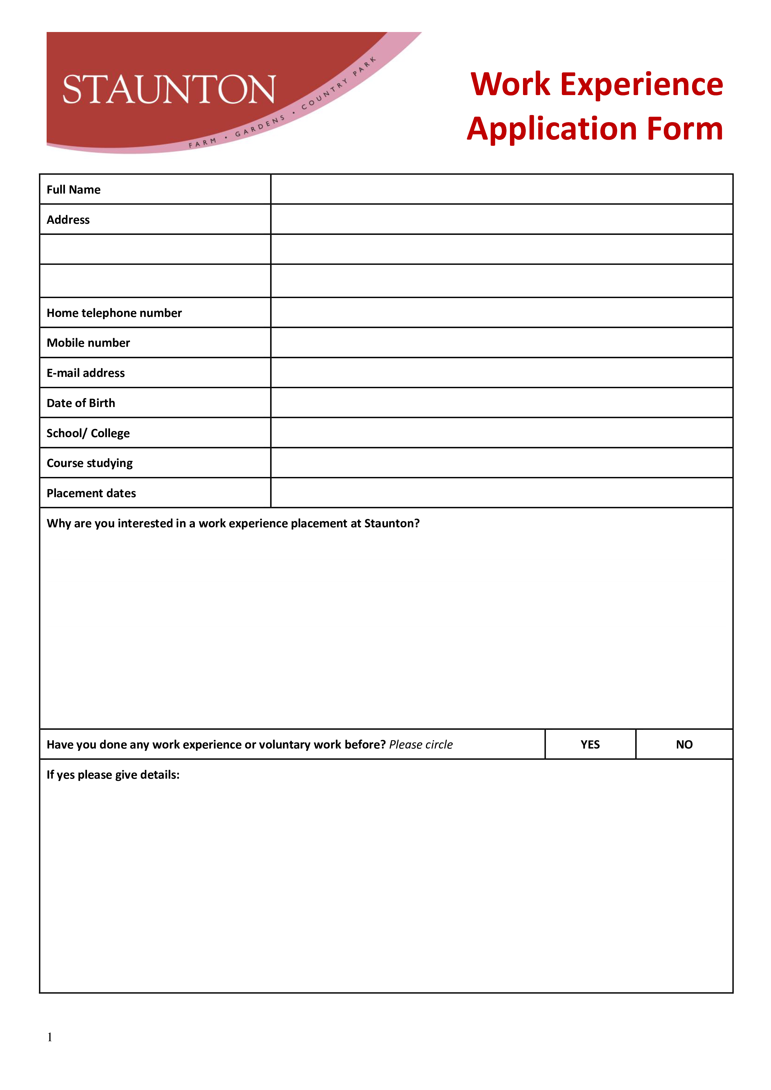 work experience application form modèles