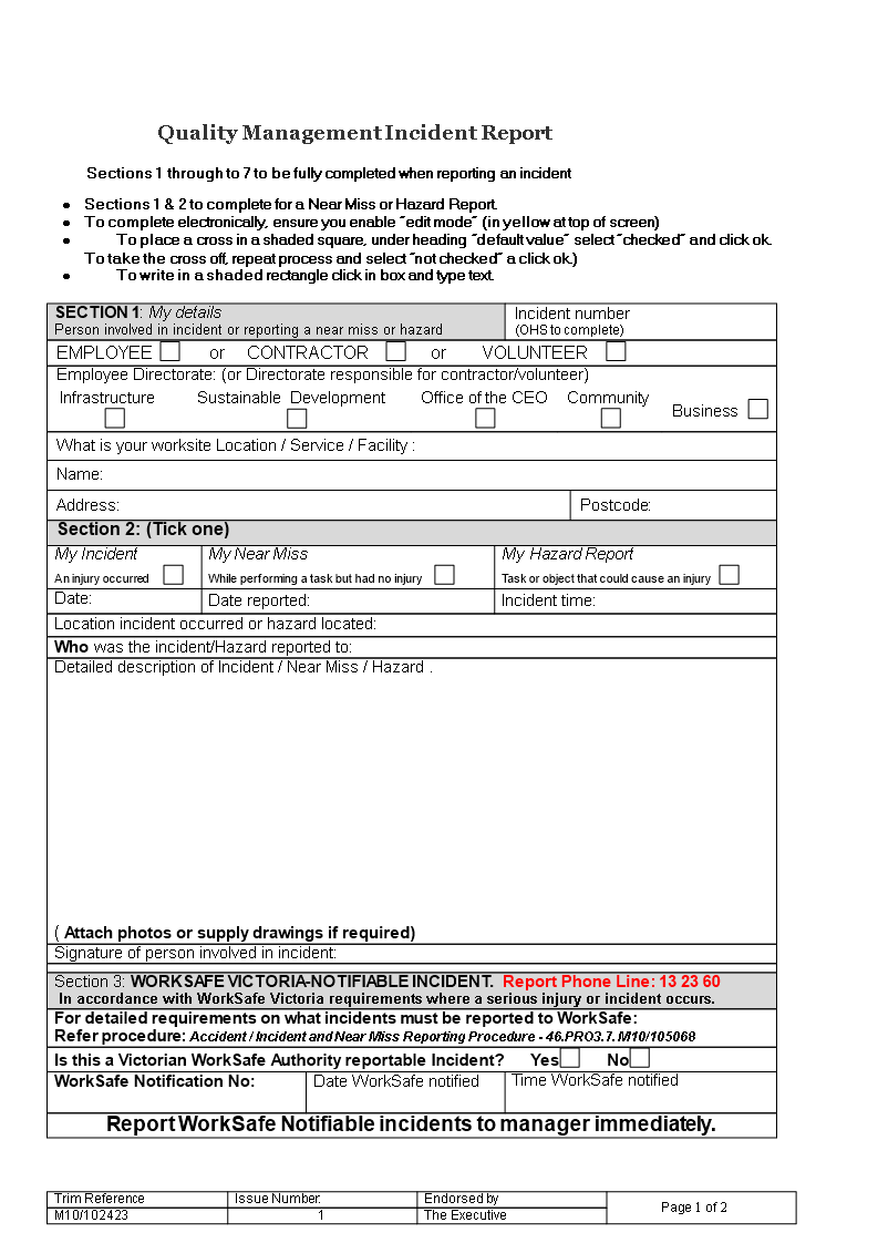 Kostenloses Quality Management Incident Report Regarding Near Miss Incident Report Template