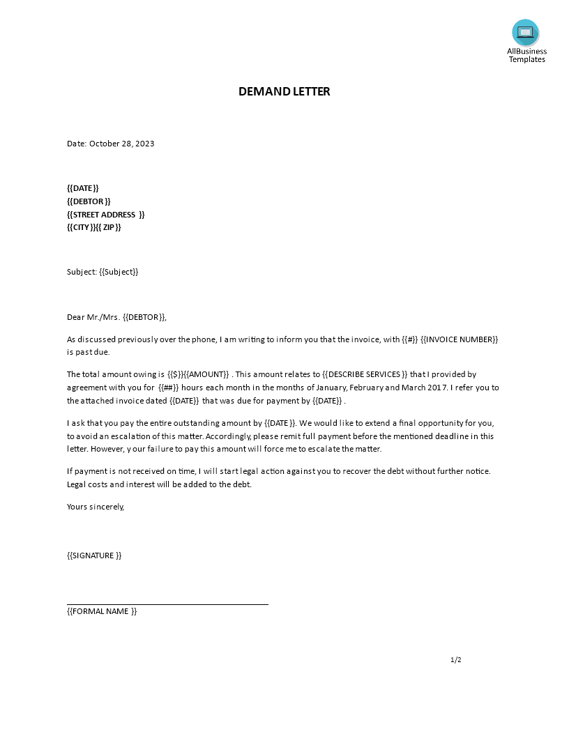 letter of demand sample Hauptschablonenbild