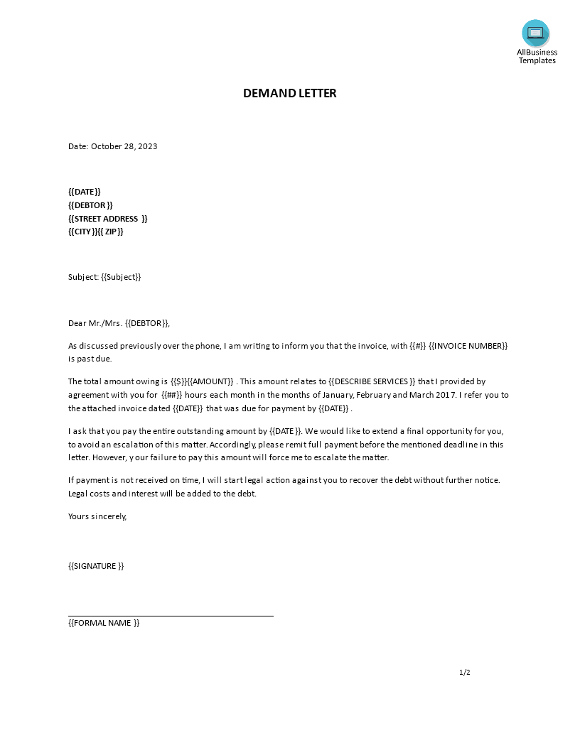 letter of demand sample voorbeeld afbeelding 