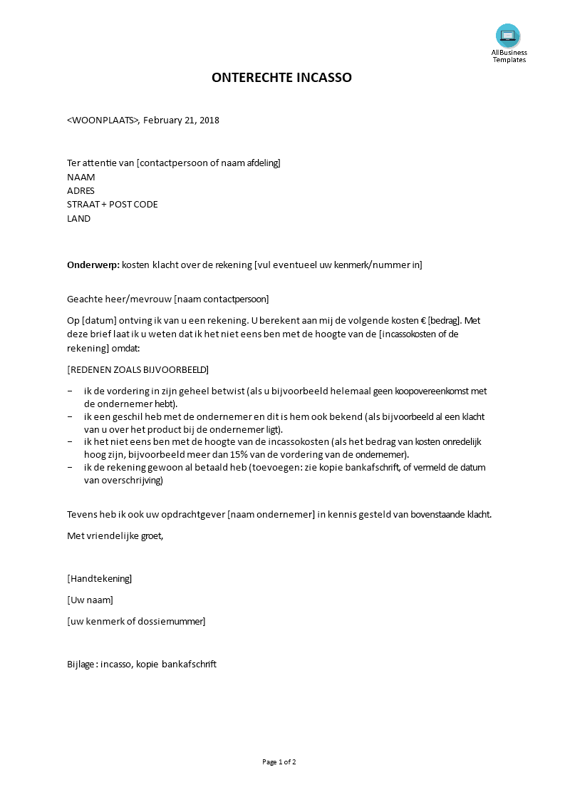 oneens met incasso kosten brief template