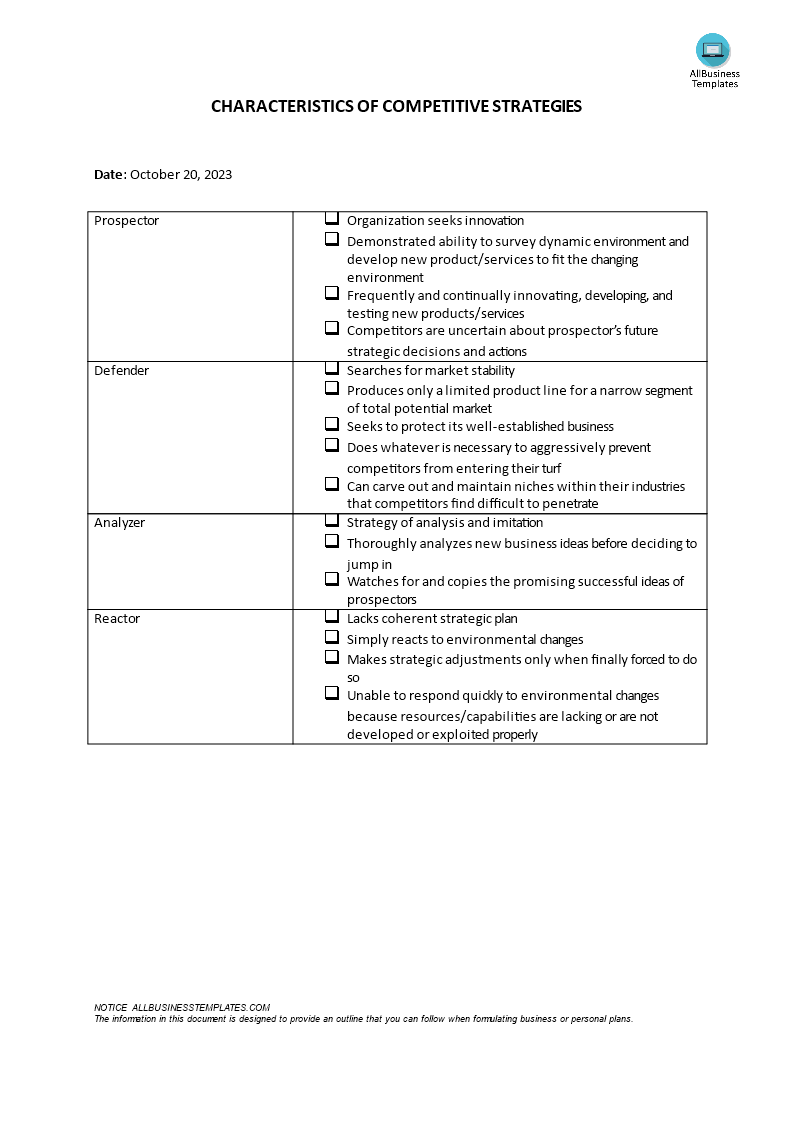characteristics of competitive strategies template