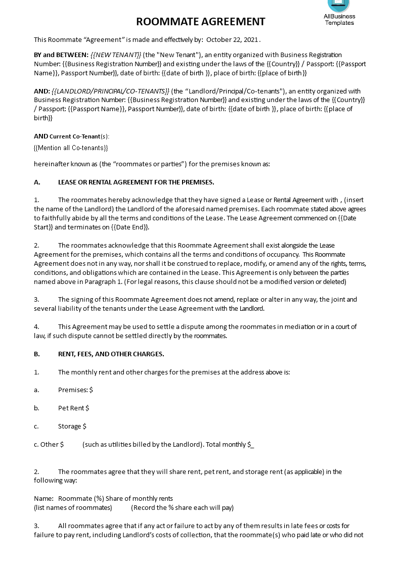 roommate rental agreement form template