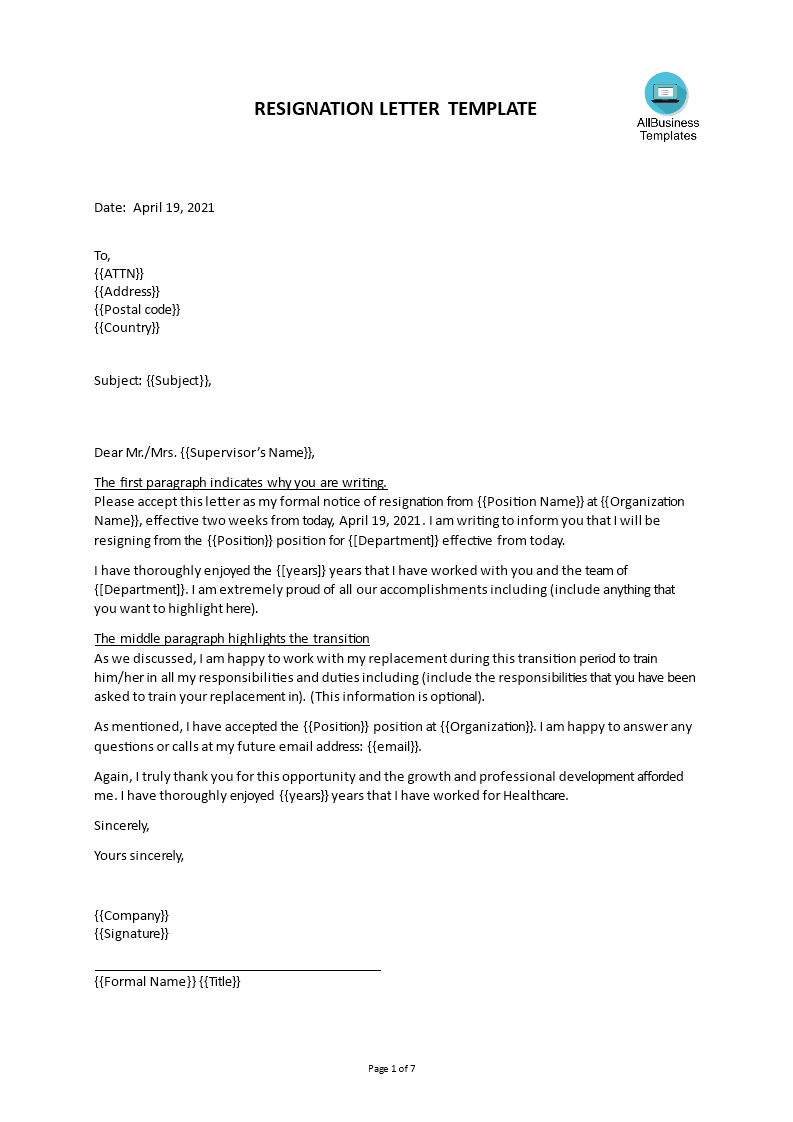 Short Notice Period Resignation Letter main image