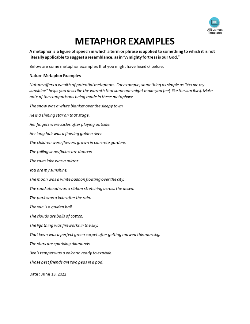 metaphor examples template