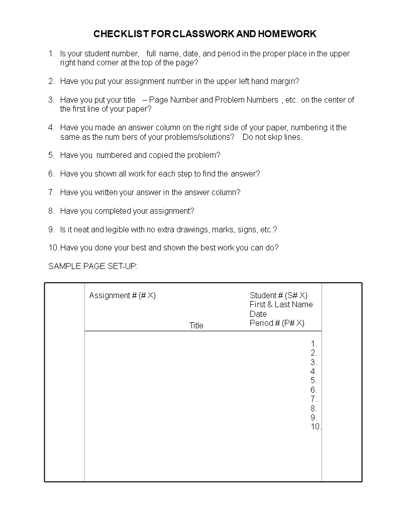 Class Homework Work Checklist 模板