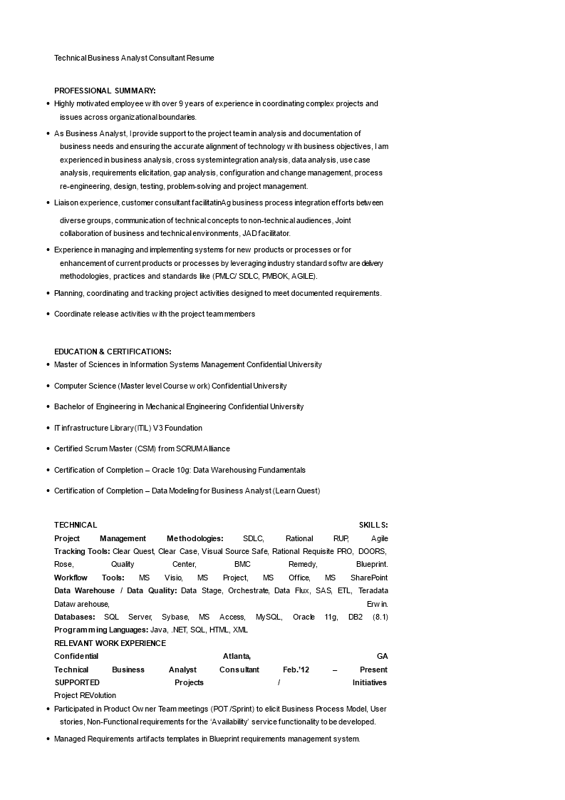 technical business analyst consultant resume template