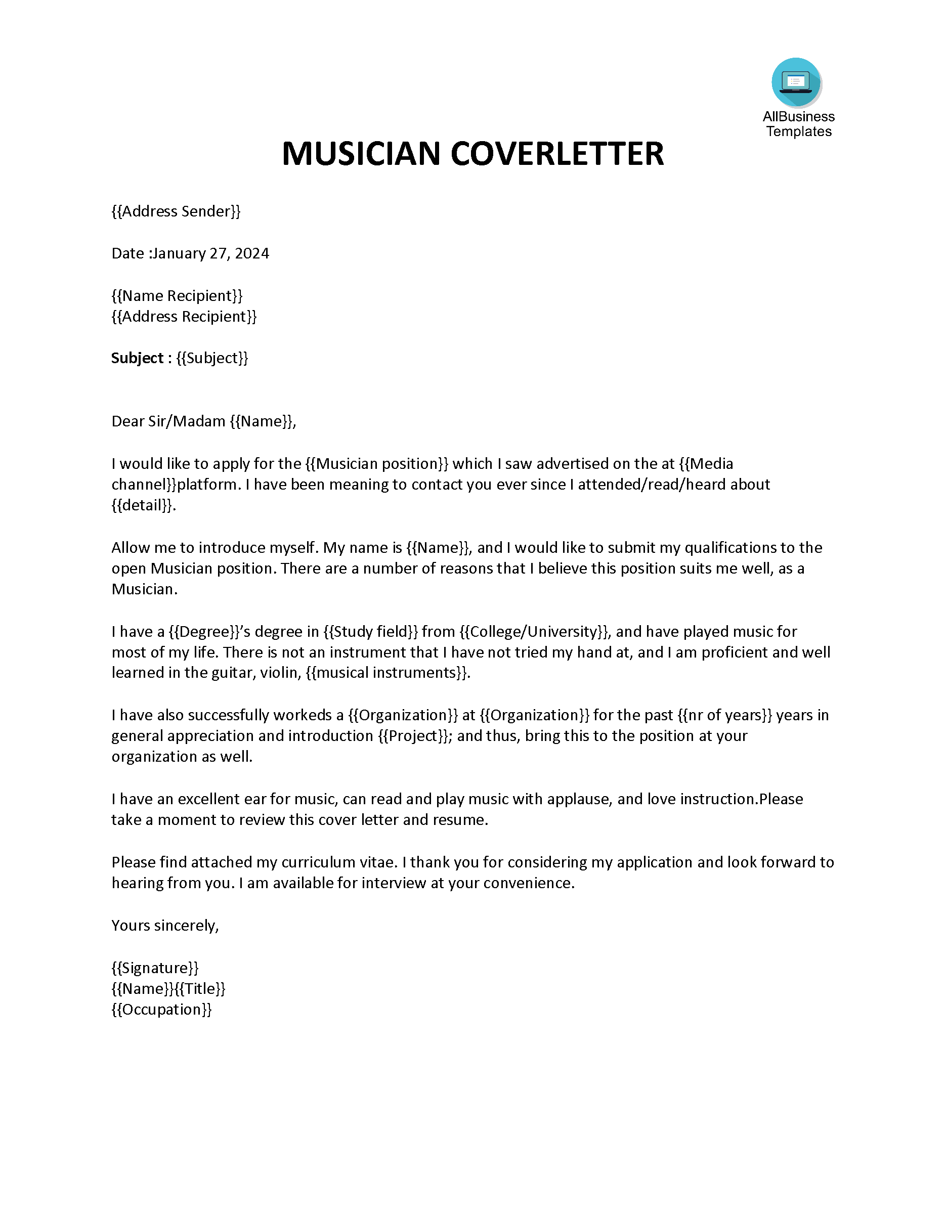 Music Industry Cover Letter 模板