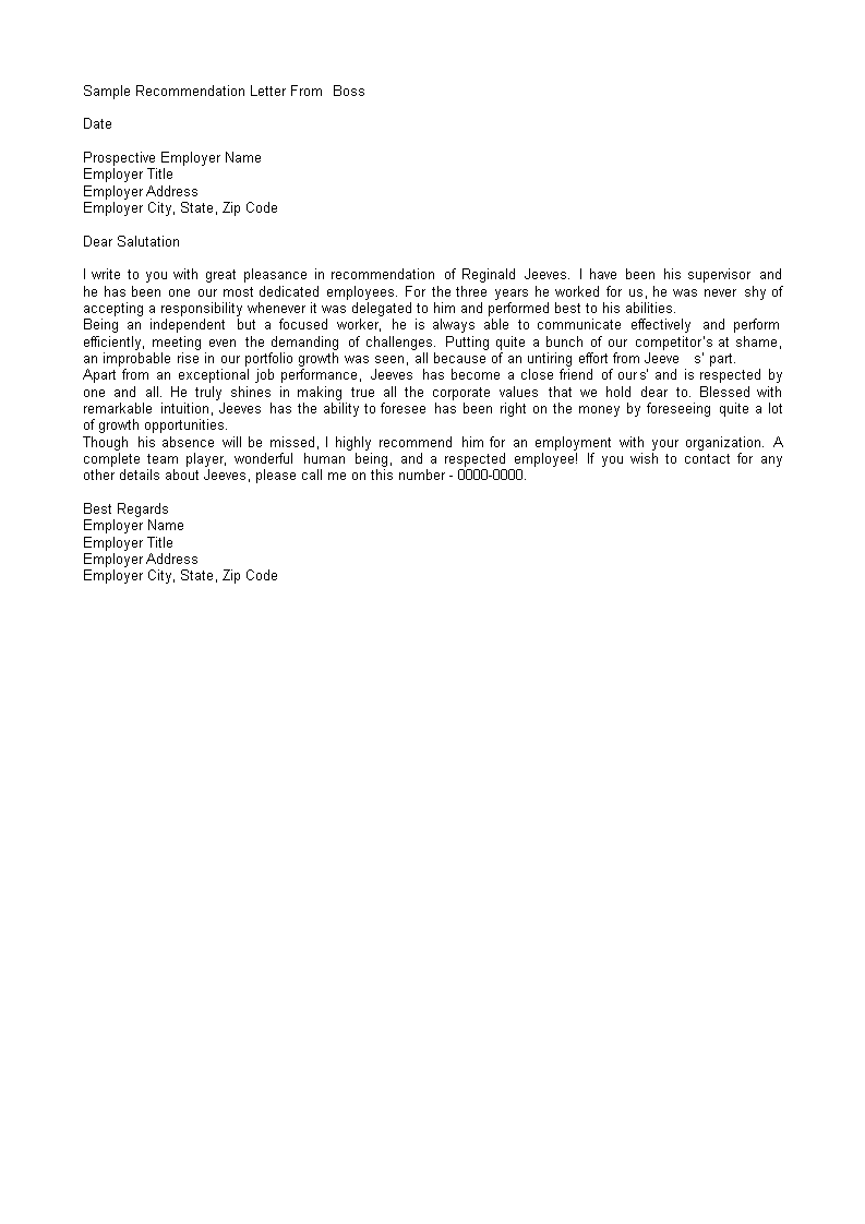 sample recommendation letter from boss modèles