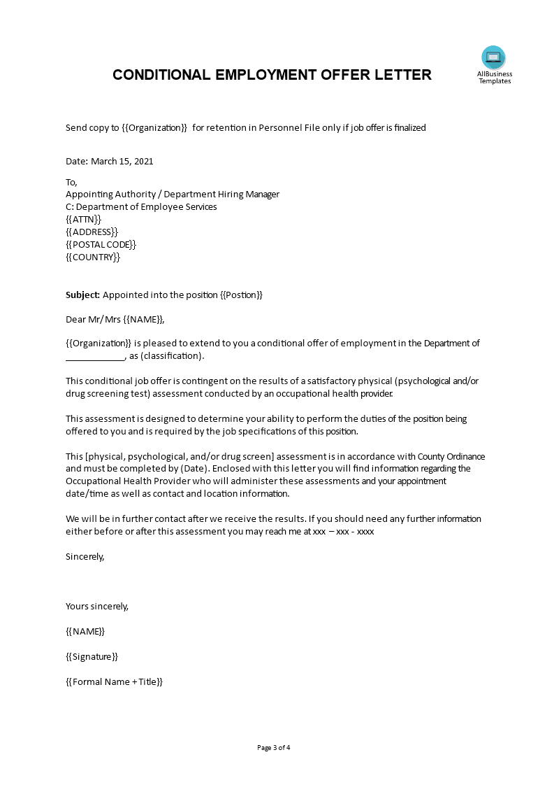 conditional employment offer letter for new employee template