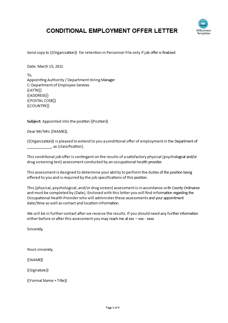 conditional employment offer letter for new employee voorbeeld afbeelding 