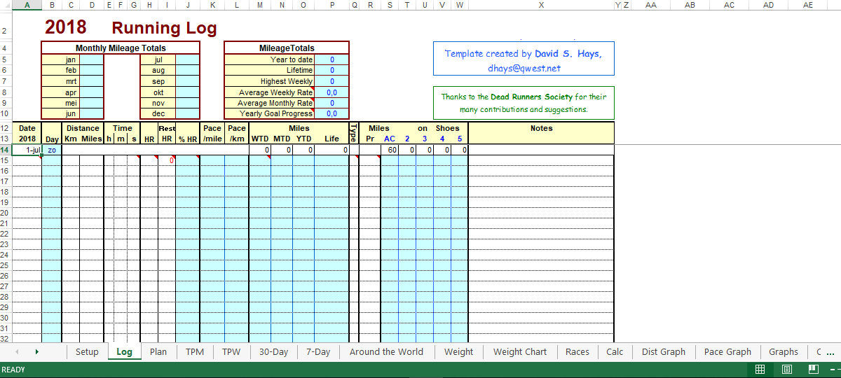 Printable Running Log in Miles 模板