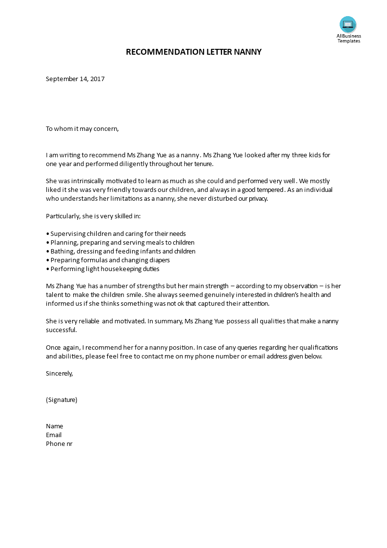 reference letter nanny template