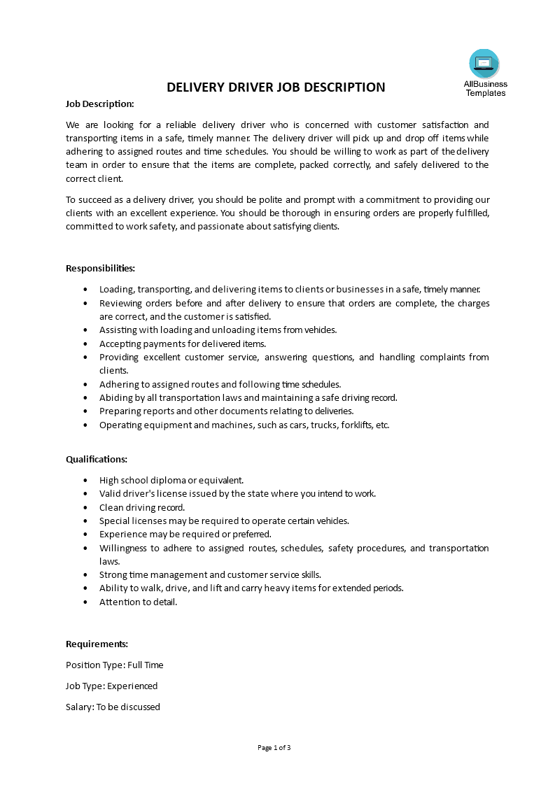 delivery driver job description template