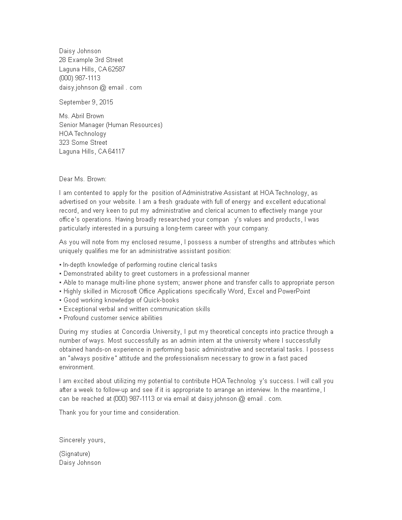 entry level administrative assistant cover letter template