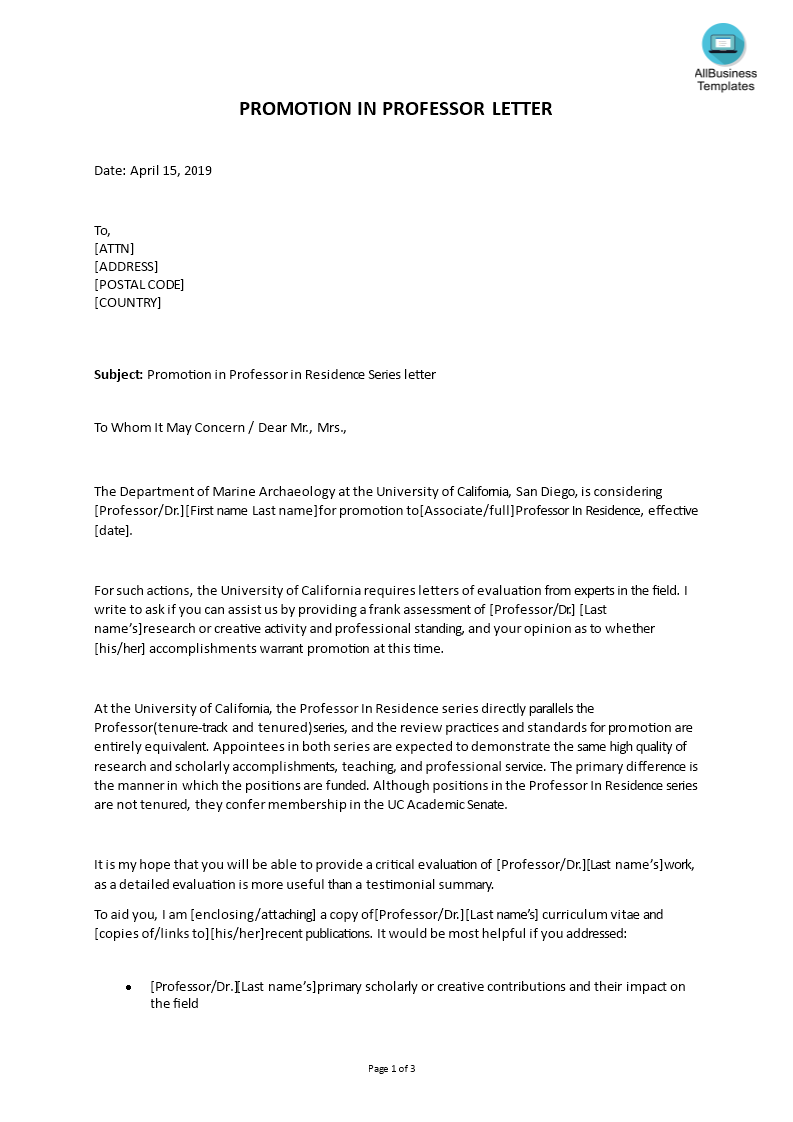 promotion in professor in residence series letter template