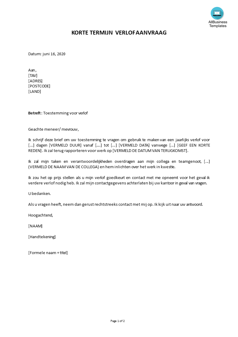 werk verlofaanvraag brief template