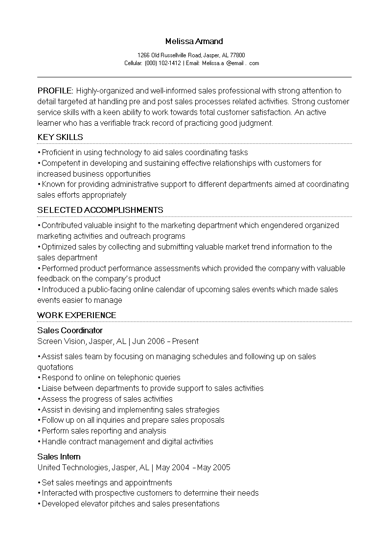 sales support coordinator resume template