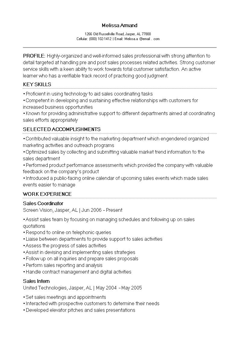 sales support coordinator resume modèles