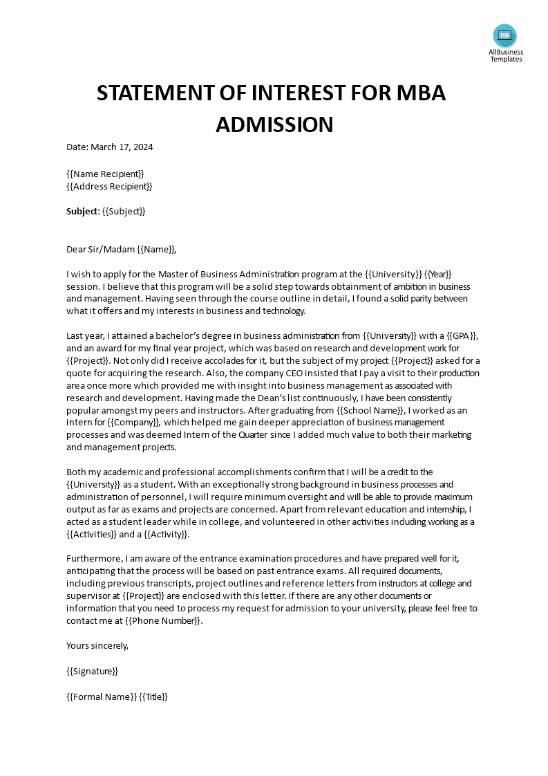 application letter for mba admission