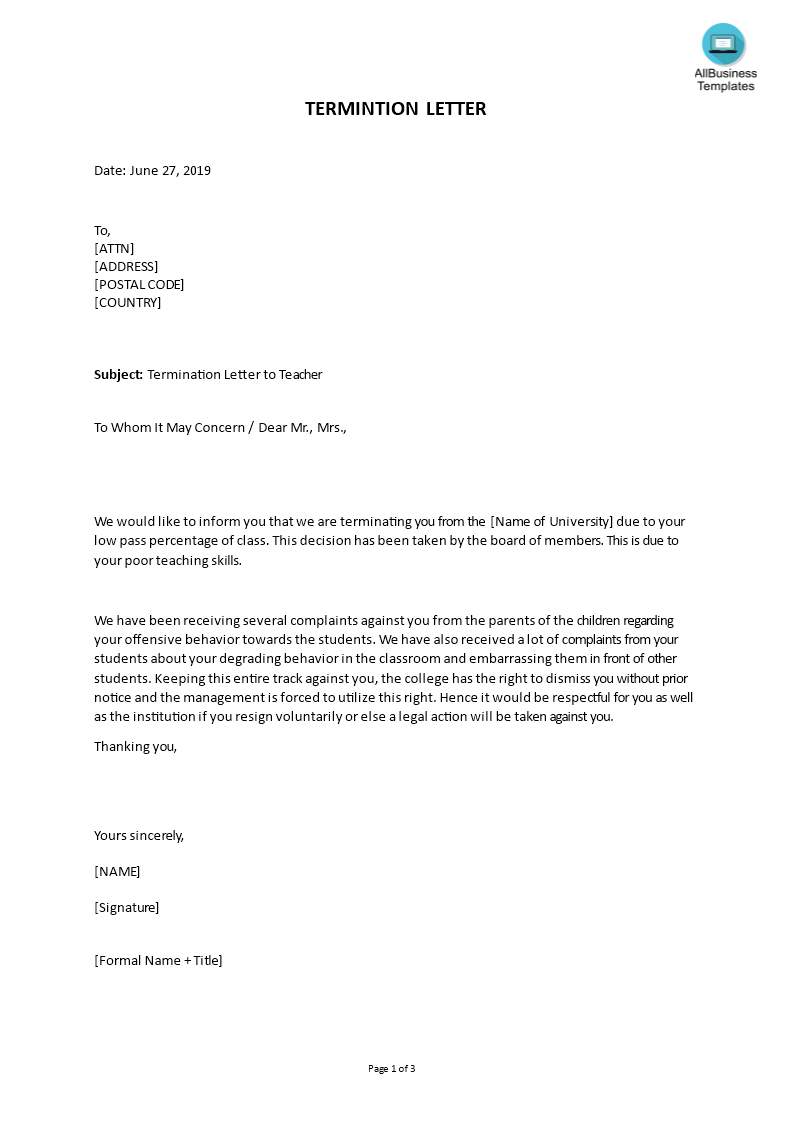 termination letter to teacher sample template