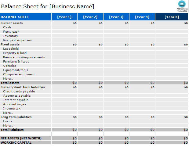 blank balance sheet excel template Hauptschablonenbild