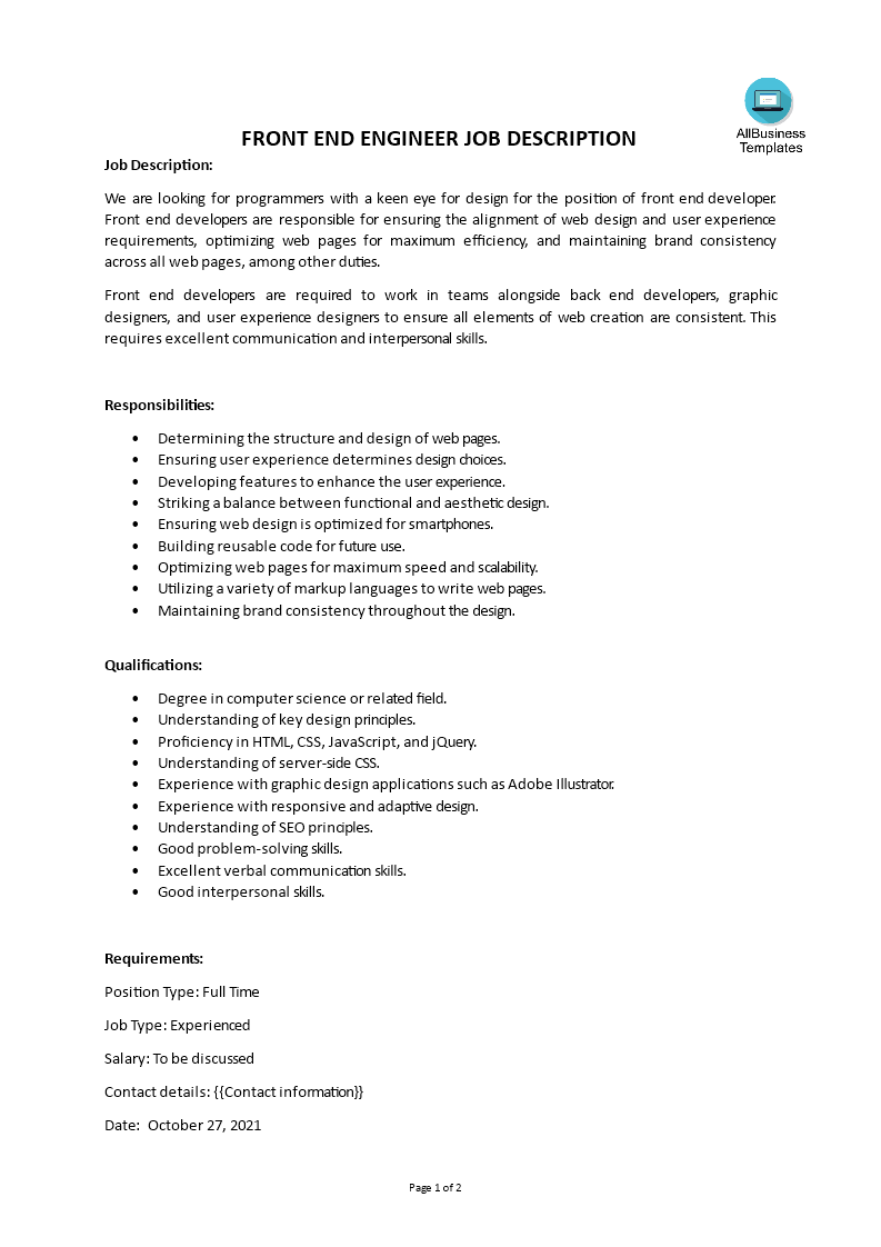 front end engineer job description template