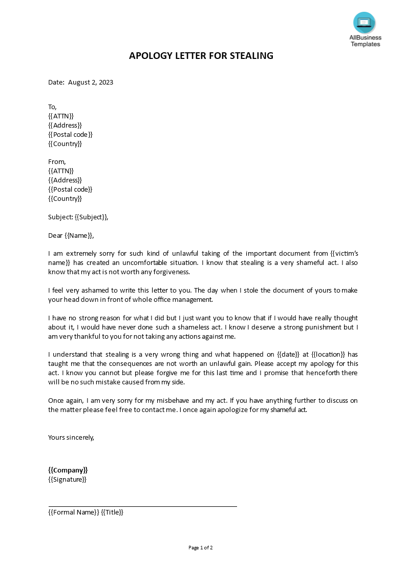 apology letter for stealing voorbeeld afbeelding 